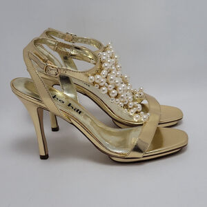 Alisha Hill Heels Cluster Faux Pearl T-Strap Open-Toe Metallic Gold Sandal Sz 8M